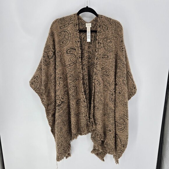 Chicos one size gold metallic floral paisley poncho cape shawl fringe hem - Picture 13 of 13